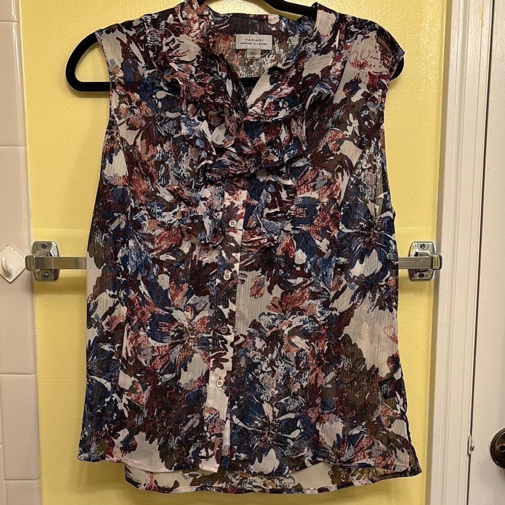 Tahari ASL Floral Sleeveless Blouse Size Medium